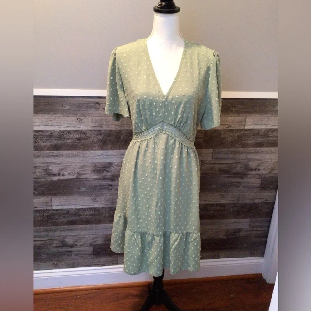 Mint Dot solid V Neck Block Lace Dress XL (0131)